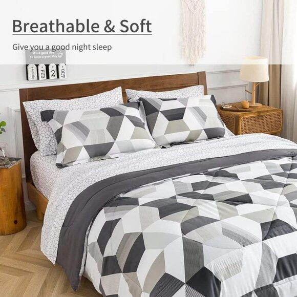 New 7 PC Geometric Shapes (White, Grey, Black) Comforter Set • Queen Size - Picture 4 of 8